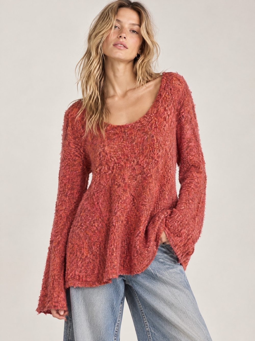 Free People Rust Pink Bouclè Mohair Wool Blend Scoop Neck Sweater - M